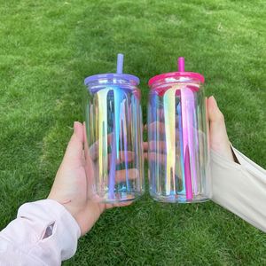 Vasos Elegantes con Forma Irregular, Iridiscentes con Recubrimiento Arcoíris, Vaso de 16 oz con Tapas de Plástico PP para Envolturas UV DTF y Sublimación - Product Image 2