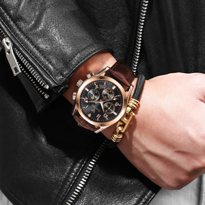 Montre pour homme <span class=keywords><strong>KEDO</strong></span>, design à trois aiguilles et six aiguilles, grands chiffres, mouvement à quartz multifonctionnel, aiguilles lumineuses, cuir, 40 mm, 30 m - Product Image 2