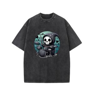 เสื้อยืดผ้าฝ้ายฟอกสีกรดแบบตามสั่งแนวสตรีทแวร์แนววินเทจพิมพ์ลายหัวใหญ่100% ถักคอโอ - Product Image 1