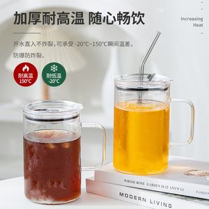 Mug en verre résistant aux hautes températures avec couvercle et paille pour café, thé, bière, tasse individuelle en verre borosilicate - Product Image 3