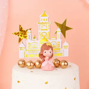 Nieuwe Sfeer Lay-Out Kaart Plug-In Moderne Toppers Originele Cake Driedimensionale Cartoon Sprookjeskasteel Roze Blauw