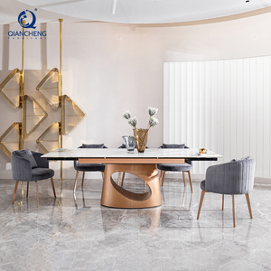 Bàn ăn đá cẩm thạch cao cấp 6 chỗ ngồi, tùy chỉnh nâng cao, kiểu dáng hiện đại Pháp, màu xám nhạt, hình oval, mặt bàn gốm, có thể kéo dài - Product Image 1