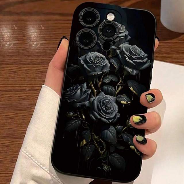 Luxury Black Rose Flower Print Shockproof Mobile Phone Case Anti-drop TPU Protective Case for iPhone 11 16 Plus 17 Pro Max