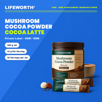 LIFEWORTH Marque Privée Poudre de Cacao aux Champignons Mélange Crinière de Lion et Reishi pour Latte au Cacao, Pot de 300g, Adaptogène, Cacao Chaud, OEM ODM Vrac GMP