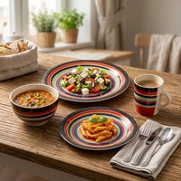 Service de table GuangDa en grès émaillé classique à rayures arc-en-ciel, 16 pièces, assiettes et bols en céramique, passe au lave-vaisselle, résistant à la chaleur