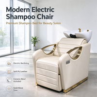 Fauteuil de lavage électrique moderne avec cuvette en céramique et accents métalliques dorés, en cuir PU souple, inclinable, pour salon et spa