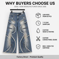 Jean en denim délavé personnalisé 420 g/m² à jambe large, coutures incurvées, bords effilochés, poches avant zippées, pantalon en denim streetwear OEM ODM