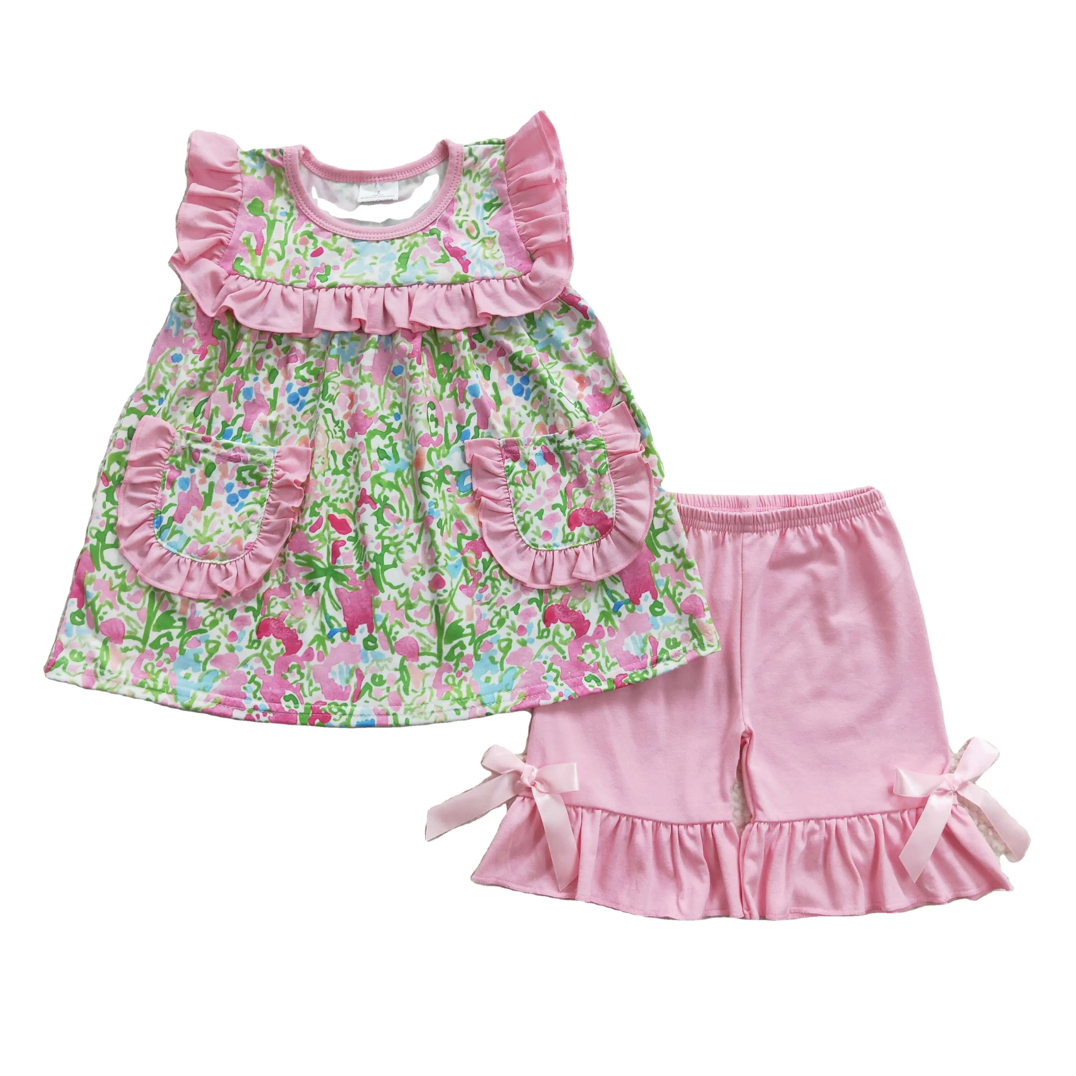 卸売幼児キッドサマーセットフローラル半袖ポケットチュニック子供ピンクコットンショーツベビーガールツーピース衣装