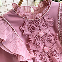 Robe longue décontractée rose élégante pour femme, coupe trapèze, manches longues bouffantes, col à volants avec empiècements en dentelle, ceinture, fluide, pour le quotidien