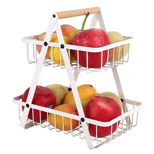 Suporte de aço inoxidável preto para armazenamento portátil de 2 camadas, cesta de frutas para cozinha, preço por atacado