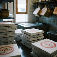 Boîtes à pizza personnalisables blanches et brunes, non imprimées, en stock, disponibles en tailles 9, 10, 12, 13 et 14 pouces.