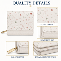 Dompet Wanita Kulit PU dengan Ritsleting, Motif Bunga, Tekstur Saffiano, Ritsleting Emas, Warna Krem Putih Retro, Grosir