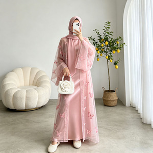 Eid Ramadan Pink Butterfly Abaya <b>Set</b> Satin Dress Women Elegant <b>Modest</b> Islamic Wear 3 Pieces Wholesale - Product Image 2