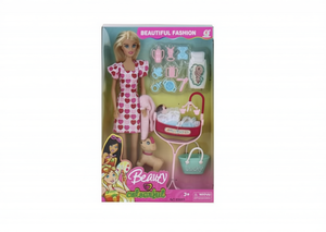 ตุ๊กตาแฟชั่นสวยงามพร้อมรถเข็นเด็กและอุปกรณ์เสริม ทำจากพลาสติก สำหรับเด็กอายุ 3 ปีขึ้นไป ของเล่นเสริมสร้างจินตนาการ - Product Image 1