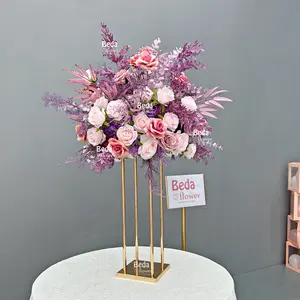 Serie púrpura personalizada Centros de mesa de flores artificiales Telón de fondo Flor de piso para fiestas y eventos de bodas