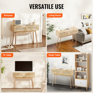 Table console en rotin avec 2 tiroirs de rangement, table d'entrée en bois naturel pour salon - Product Image 4