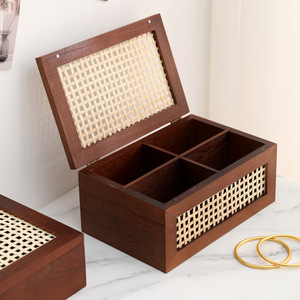 Solid Wood Storage <b>Box</b> Rattan Lattice Top Jewelry Organizer Desktop Storage Black Walnut Color 18L Capacity - Product Image 3