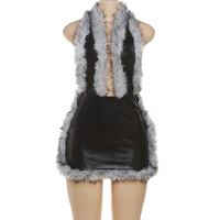 Robe Mini Femme Décontractée Pas Chère, Style Streetwear Sexy, Coupe Moulante, Dos Nu Halter, Été, Patchwork Fourrure, Découpes