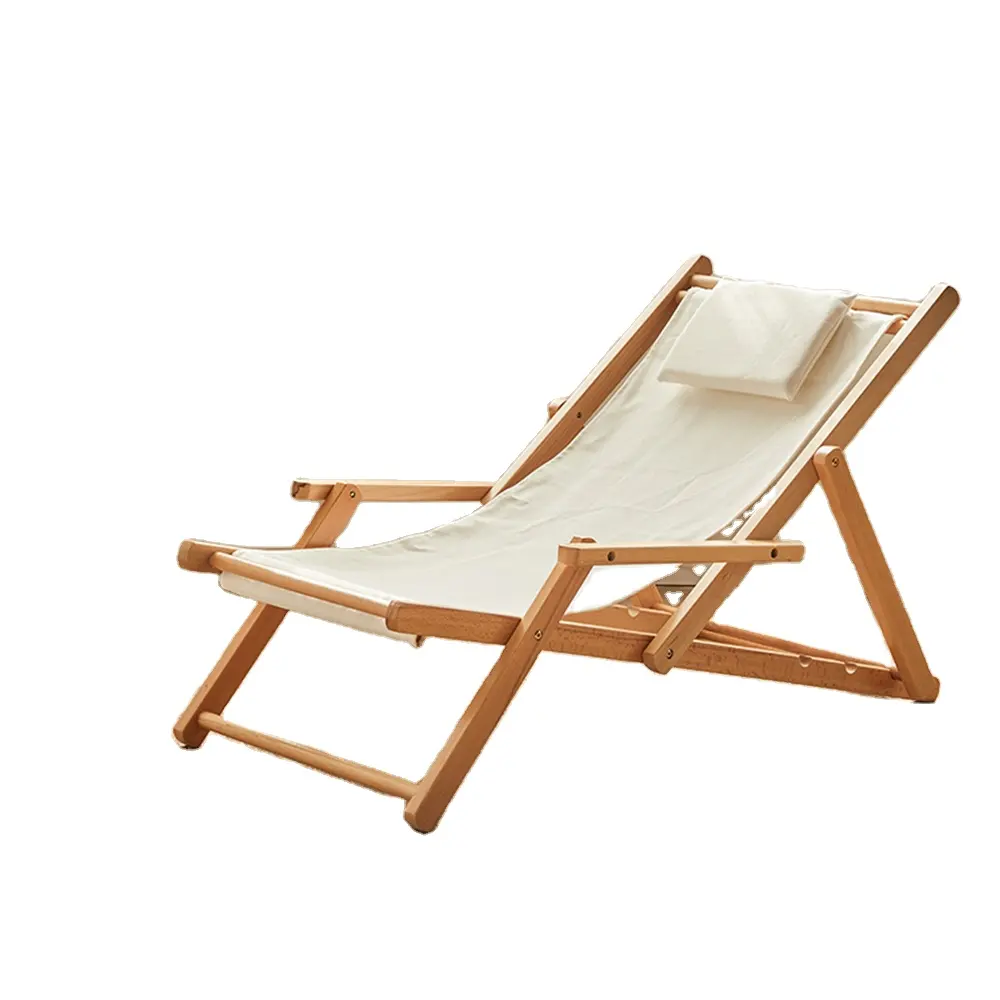 Chaise de plage pliante en bois massif, chaise de jardin en toile, mobilier d'extérieur inclinable, hêtre moderne