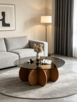 Ensemble de table basse moderne de luxe en verre et bois rond noir de style nordique convertible pour le salon