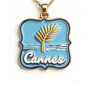 Collier pendentif émaillé Cannes Palm Beach – Bijou souvenir de la Côte d'Azur à thème amour imprimé découpé pour femme - Product Image 1