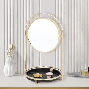 Nampan penyimpanan bingkai emas rotasi 360 derajat, nampan cermin meja rias bulat