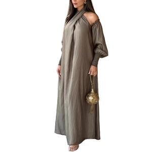 Vestido Maxi Boho con Hombros Descubiertos, Manga Abullonada, Encaje Dulce, Tejido Holgado, Chifón de Color Liso, Estilo Casual - Product Image 2