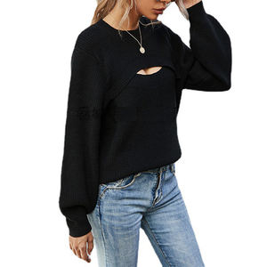 Conjunto de <span class=keywords><strong>Dos</strong></span> Piezas de Top Corto Tipo <span class=keywords><strong>Bolero</strong></span> de Punto Acanalado Color Marfil OEM/ODM, Conjunto de Suéter Personalizado para Mujer, Conjunto de Suéter de Cachemira - Product Image 3