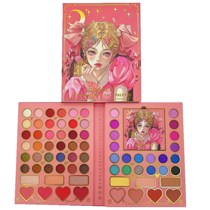 Set eyeshadow kartun 70 warna, set eyeshadow palet perbaikan kapasitas tinggi, gloss cair, Eyeliner perona pipi