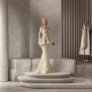 长袖荷叶边美人鱼礼服落地式蕾丝晚礼服天然腰线系带新郎舞会妈妈新娘 - Product Image 3