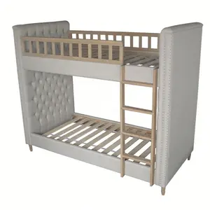 European Modern French Solid Oak Vintage Bed Wooden Frame Linen Fabric Upholstery Bunk Twin Over Bunk Bed For Children Kids