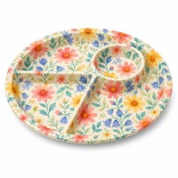 Assiette ronde en mélamine à 4 compartiments, plateau de service sectionnel imprimé de fleurs sauvages roses, assiette à dîner incassable sans BPA