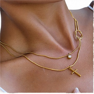 Gold Plated Stainless Steel Snake Chain Pendant Necklace Zircon Cross Charm Layered Jewelry for Women Gift - Product Image 2