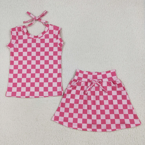 Longlv Fashion Summer Kids Clothes for Girls Pink Flower Checkered Print Sleeveless Tops with Skort Set Toddler 2pcs Outfits - Product Image 2