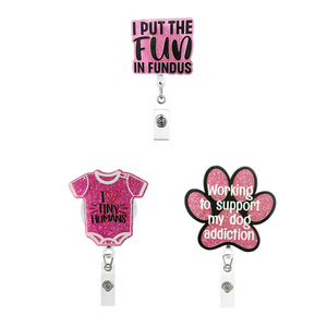 Cross-border pink fun alligator <b>clip</b> retractable badge scroll acrylic easy-pull fun English clothing pattern - Product Image 1