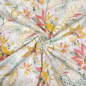White Botanical Hand Nonwoven Combed Cotton Voile Fabric | <b>Tropical</b> Floral Indian | 44 Inch Wide Lightweight Handmade Floral - Product Image 1