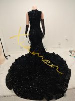 Robe de soirée de luxe Ocstrade pour 18e anniversaire, ornée de perles faites à la main, avec traîne sirène et plumes, robe de bal noire avec gants