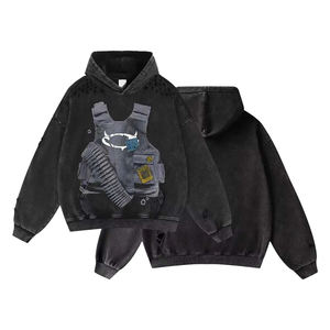 빈티지 워싱 디스트레스드 여성용 후드티 전술 조끼 그래픽 프린트 오버사이즈 스트리트웨어 풀오버 헤비웨이트 100% 코튼 - Product Image 1