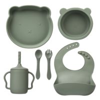 Ensemble d'assiettes en silicone YLA en gros, style ours, avec assiette, bol, cuillère et bavoirs en silicone pour bébés