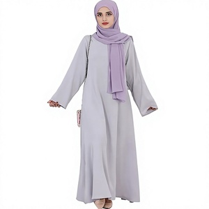 Women Light Gray Solid Color <b>Abaya</b> Long Sleeve Round Neck Floor Length Modest Dress Lightweight Daily Wear Middle East Style - Product Image 1