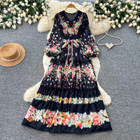 Robe longue décontractée pour femme, coupe trapèze, col en V, manches lanternes, imprimé floral, patchwork de dentelle, ceinturée, élégante, pour soirée et vacances