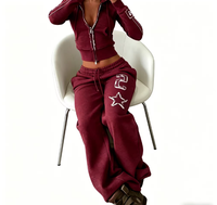 Ensemble deux pièces personnalisé avec patch étoile, sweat à capuche court zippé style streetwear Y2K pour femme et pantalon de survêtement baggy à jambes larges pour femme