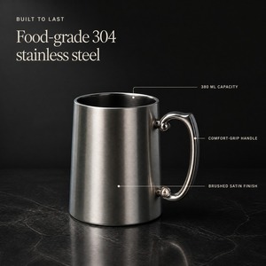 Vaso de cerveza de acero inoxidable de 380 ml, vaso de cerveza de doble capa con asa que mantiene el frío, adecuado para fiestas familiares, cumpleaños, etc. - Product Image 1