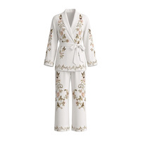 Ensemble de pyjama élégant en satin et mousseline imprimé floral de luxe avec robe courte et pantalon long pour femme