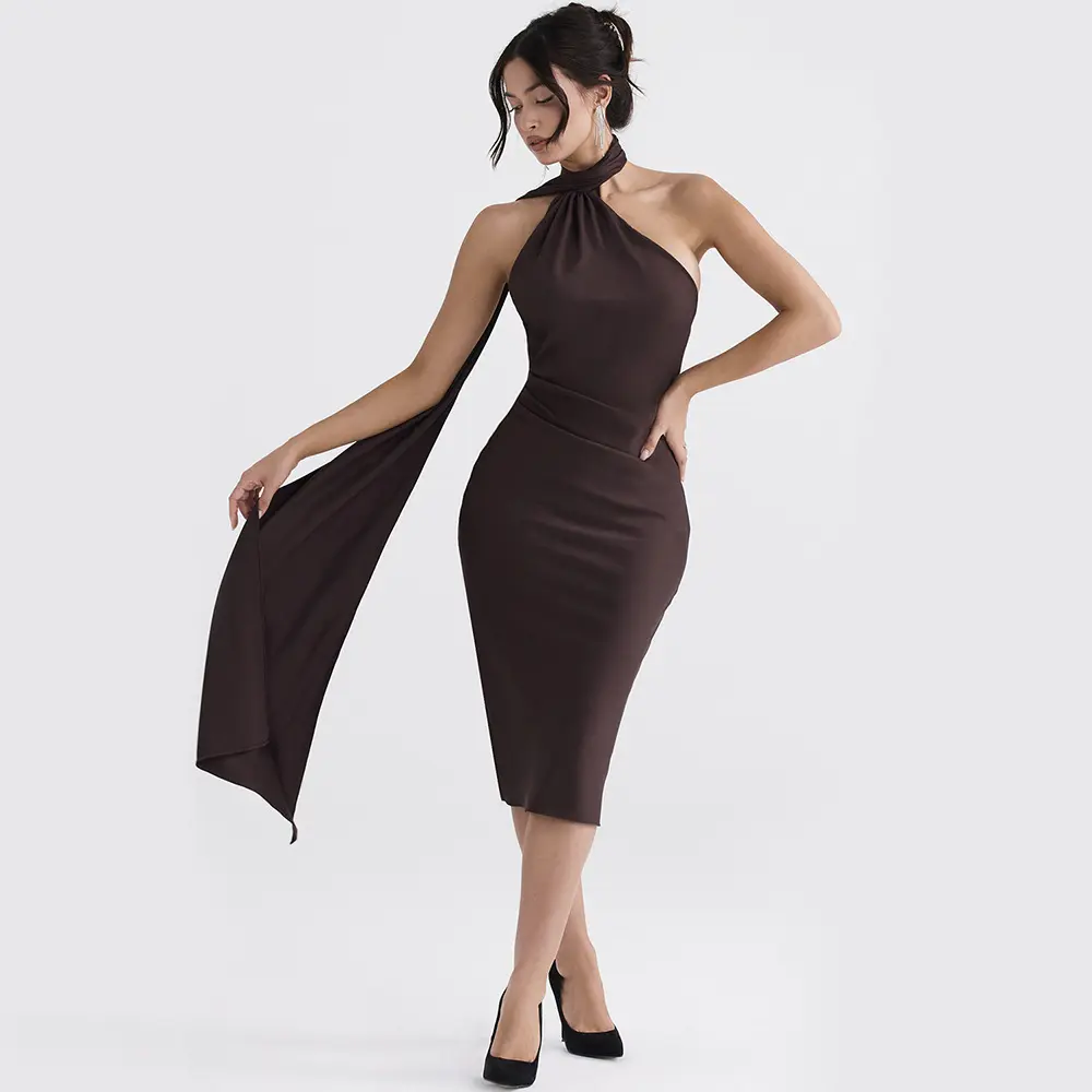 Gaun Satin elegan tanpa lengan terbungkus elastis gaun Halter Neck Backless seksi ramping pinggang Bodycon Midi gaun Cocktail