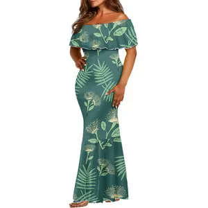 कस्टम रफ़ल मिडी ड्रेस ओहिया लहुआ हवाईयन लहुआ पोहुटुकवा फूल डिजाइनर आरामदायक फिशटेल स्कर्ट गुणवत्ता वाली थोक पोशाक के साथ