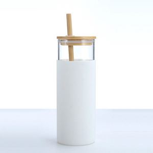 แก้วน้ำ แก้วน้ำทรงสูง ขวดน้ำดื่ม หลอดซิลิโคน ปลอกป้องกัน ฝาไม้ไผ่ - Product Image 5