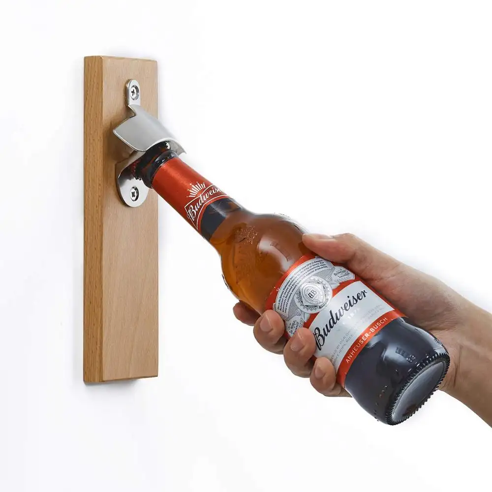 Wall Mounted Wooden Bottle Opener with Magnetic Catcher Refrigerator Beech Wood Magnetic Bottle Openers