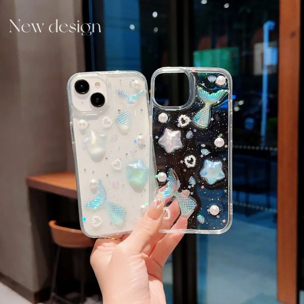 Glitter 3D Fish Epoxy Hard Shell Phone Case for iPhone 12 13 14 11 15 Pro Max Girls Women Clear Fashion Soft Cases