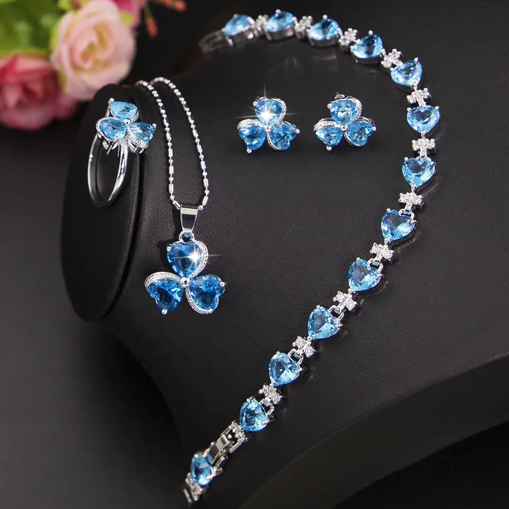 Vintage Sky Blue Zircon Jóias Set para Mulheres Brincos Anel Colar Pulseira Set Bridal Jewelry Set Romântico Opp Bag 1 conjuntos
